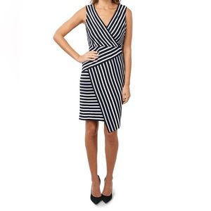 Joseph Ribkoff Midnight Blue/White Striped Sleeveless Mock-Wrap Dress, Size 10